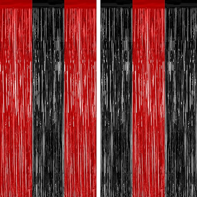 2 Pack Backdrop Curtains, 3.28 FT x 7.05 FT Black and Red Party Decor, Metallic Party Streamer Tinsel Foil Fringe Curtains, Foil Curtains Backdrop Halloween Decorations Party Supplies