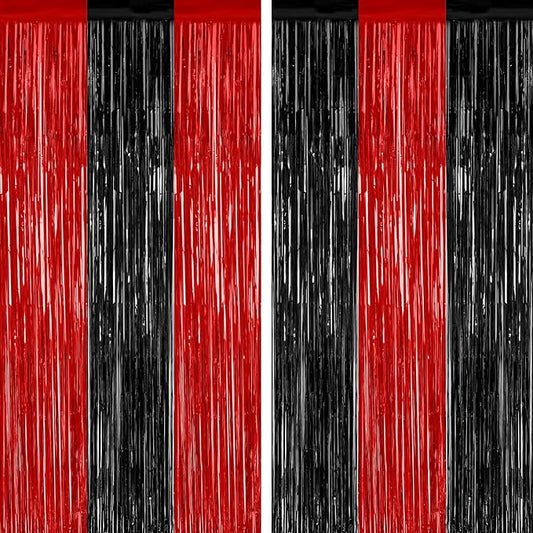 2 Pack Backdrop Curtains, 3.28 FT x 7.05 FT Black and Red Party Decor, Metallic Party Streamer Tinsel Foil Fringe Curtains, Foil Curtains Backdrop Halloween Decorations Party Supplies