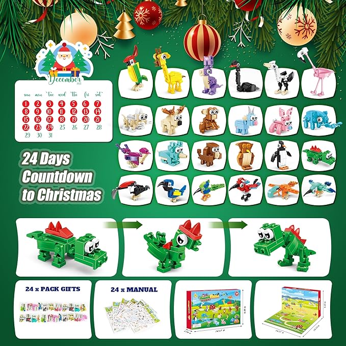 2025 Animal Advent Calendar Building Set for Kids – Christmas Countdown Calendar with 24 3-in-1 Animal Packs, 72 Mini Models, Creative Building Toys & Christmas & Birthday Gifts for Boys & Girls 6+