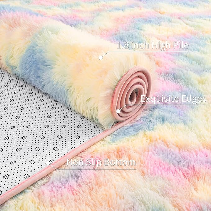 6x9 Rainbow Fluffy Rug for Girls Bedroom Soft Carpet, Large Unicorn Rainbow Rug Cute Shag Rugs for Living Room Classroom Baby Toddler Kids Girls Room Nursery Dorm, Colorful Kawaii Home Decor