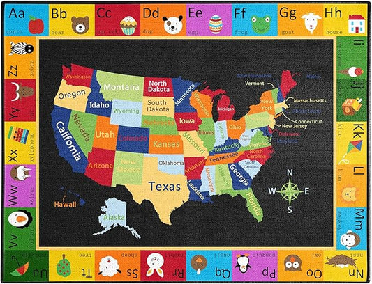 Map Classroom Rug 6'5"x8'5" United States Map Classroom Carpet for Preschool Non Slip Colorful Educational USA Map Black Playmat for Elementary, Nursery, Kids Room