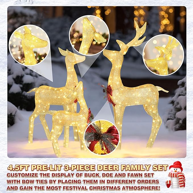 4.5FT Lighted Reindeer Family Set for Christmas Decoration, 3 Pieces Pre-Lit Iridescent Deer with 200 LED Lights, 3D Glittered Standing Holiday Display for Outdoor, Indoor, Golden