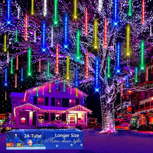 Meteor Shower Christmas Lights Outdoor 24 Tubes Falling Rain Cascading Icicle Light for Christmas Tree Decorations Wedding Party Holiday Garden Decor, UL Plug, Multi-Colored