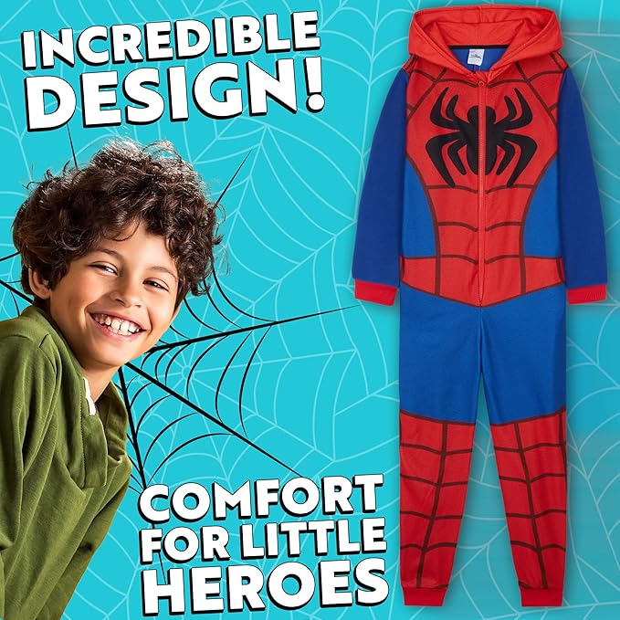 Marvel Spiderman One Piece Pajamas Set Boys, Teens, Fleece Hooded Jumpsuit, Superhero Outfit, Loungewear PJs, Gifts for Boys