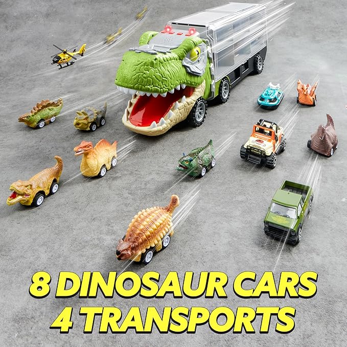 JOYIN 13 in 1 Dinosaur Toys for Kids 3-5, Dinosaur Truck with 12 Pull Back Cars, Small Cars Set, Birthday Gifts Toys for 3 4 5+ Year Old Boy, Transport Carrier Truck for Toddlers 3-4 Years
