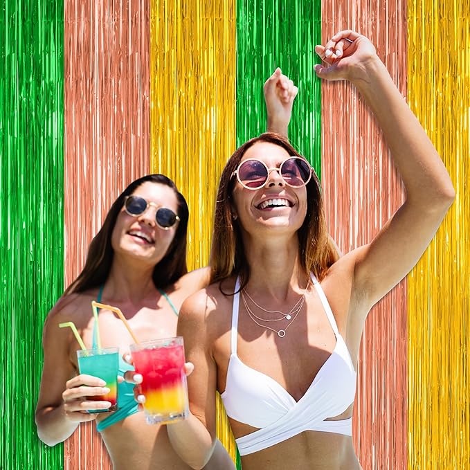 8 Pack Hawaiian Party Decorations, 3.28 FT x 7.05 FT Luau Party Decorations, Green Brown Yellow Backdrop Fringe Curtains Foil Streamer, Metallic Summer Decor Photo Booth Props