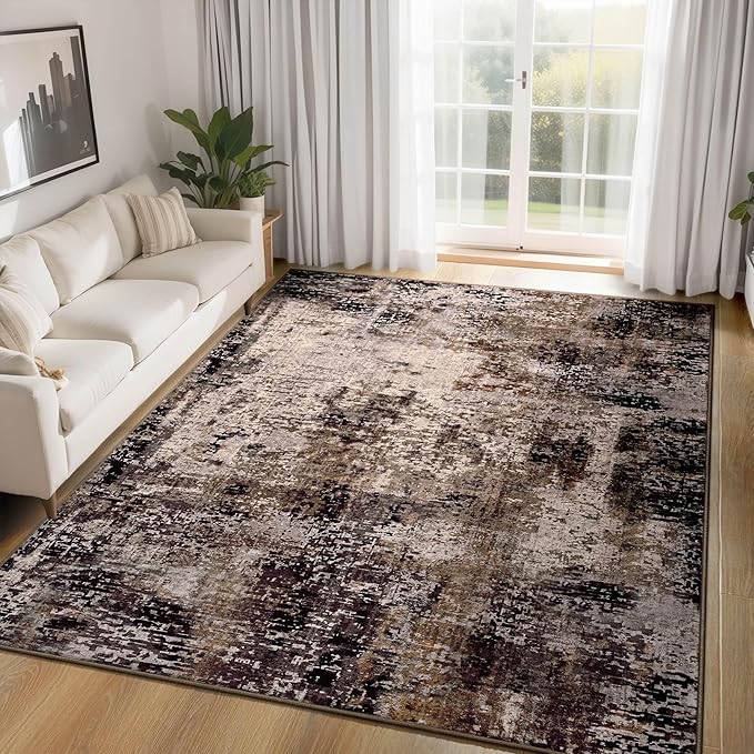 Ompaa Living Room Rug 5x7 Brown Area Rug Machine Washable Boho Coffee Rug Non Slip Abstract Vintage Indoor Large Rugs for Bedroom, Classroom, College Dorm, Farmhouse, Dining Room, Kids Playroom