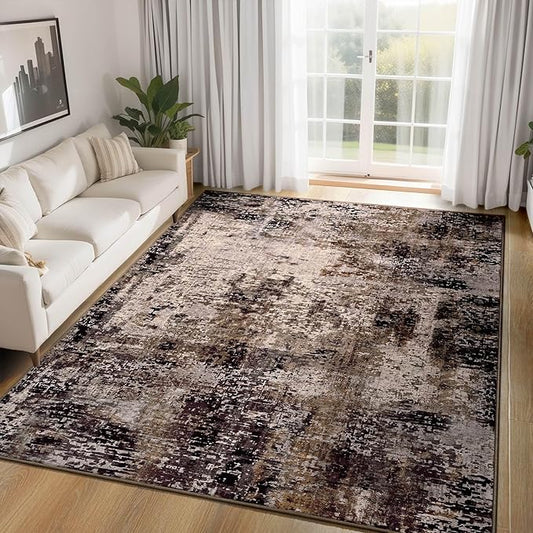 Ompaa Living Room Rug 5x7 Brown Area Rug Machine Washable Boho Coffee Rug Non Slip Abstract Vintage Indoor Large Rugs for Bedroom, Classroom, College Dorm, Farmhouse, Dining Room, Kids Playroom