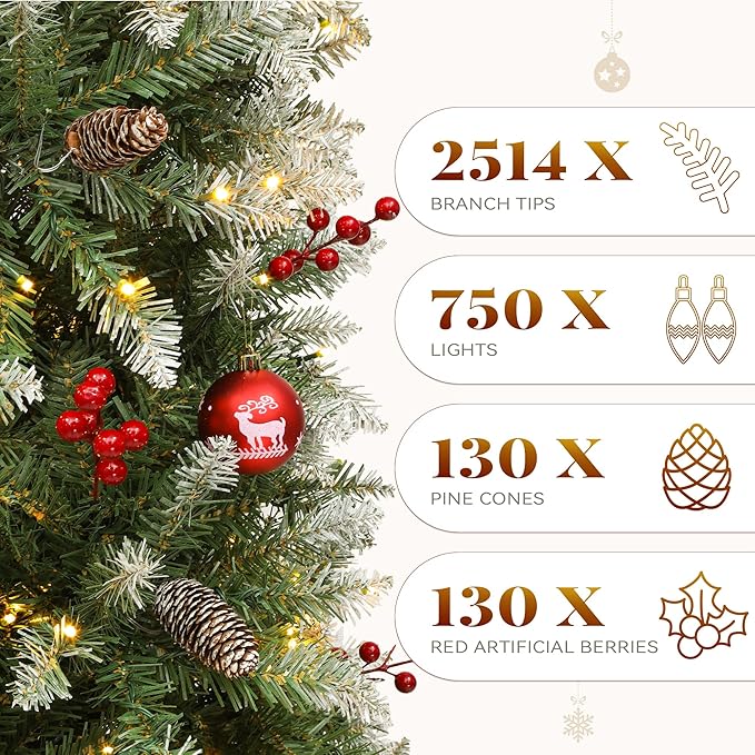 YITAHOME 7.5FT Prelit Frosted Green Christmas Tree with Remote, Pre-Decorated Christmas Tree w/ 2514 Tips, 130 Pine Cones & 130 Berries, 750 Warmwhite & Multi-Color Lights, 11 Modes, Green Bell