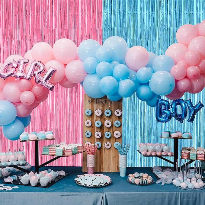 2 Pack Gender Reveal Decorations, 3.28 FT x 7.05 FT Pink and Blue Fringe Backdrop, Metallic Boy or Girl Foil Fringe Curtains Tinsel Backdrop Party Streamers, Birthday Party Decor Photo Booth Props