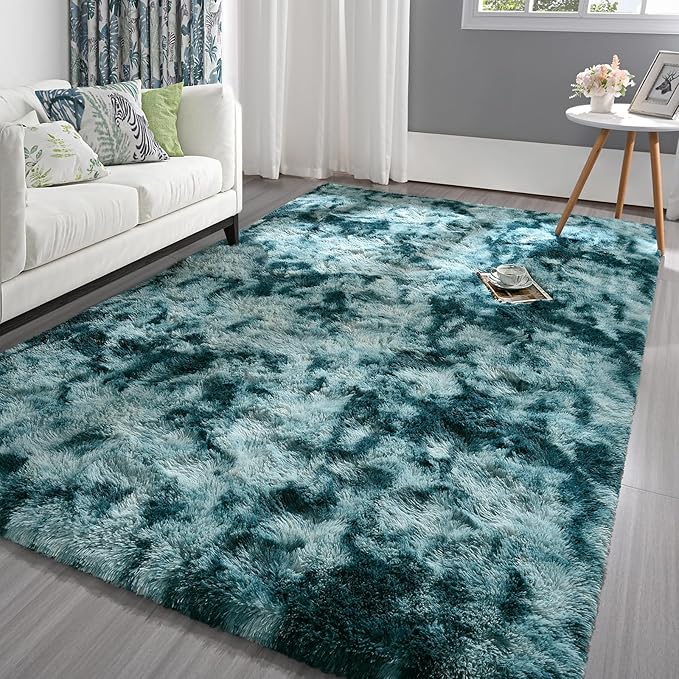 Pettop Fluffy Tie-Dye Peacock Blue Rug for Bedroom Living Room, 5x8 Feet Super Soft Shaggy Plush Fuzzy Rugs for Girls Kids Boys, Non-Slip and Washable Rug for Nursery Classroom, Carpet for Rooms Decor