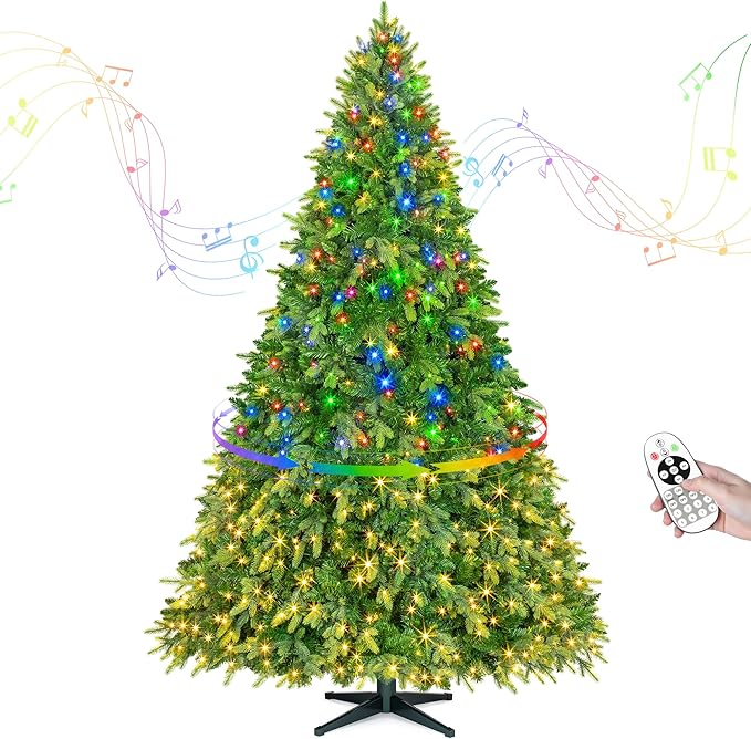 9FT Christmas Tree with Auto-Rotating Stand, Green Pre-Lit Artificial Xmas Trees with Remote & Music Function, PE&PVC, 2512 Branch Tips, 600 LEDs, Warm & Multi-Color Light, 8 Lighting Modes