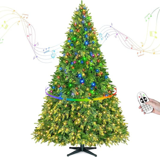 9FT Christmas Tree with Auto-Rotating Stand, Green Pre-Lit Artificial Xmas Trees with Remote & Music Function, PE&PVC, 2512 Branch Tips, 600 LEDs, Warm & Multi-Color Light, 8 Lighting Modes