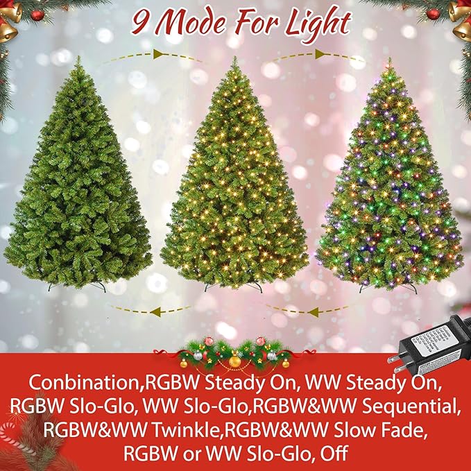 9FT Prelit Fluffy Noble Fir Artificial Christmas Tree with 900 Multicolor Lights& 9 Modes, Hinged Branches& 3500 Tips, Artificial Christmas Tree Includes Stand with Foot Switch for Holiday Home Decor