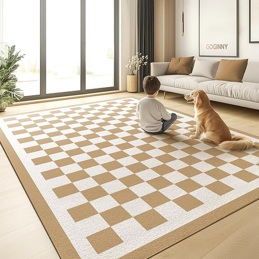 Washable 4x6 Checkered Area Rug for Living Room, Tan Brown Checkerboard Modern Boho Large Rugs, Ultra Thin Low Pile Lightweight Indoor Carpet with Non-Slip Backing for Bedroom Kids Nursery Play Room