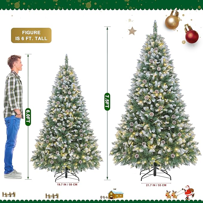 7.5FT Pre-Decorated Holiday Christmas Tree for Home, Office, Party Decoration, Partially Flocked Design, Pine Cones, Metal Hinges & Base - Green/White (Regular Warm, 7.5FT)