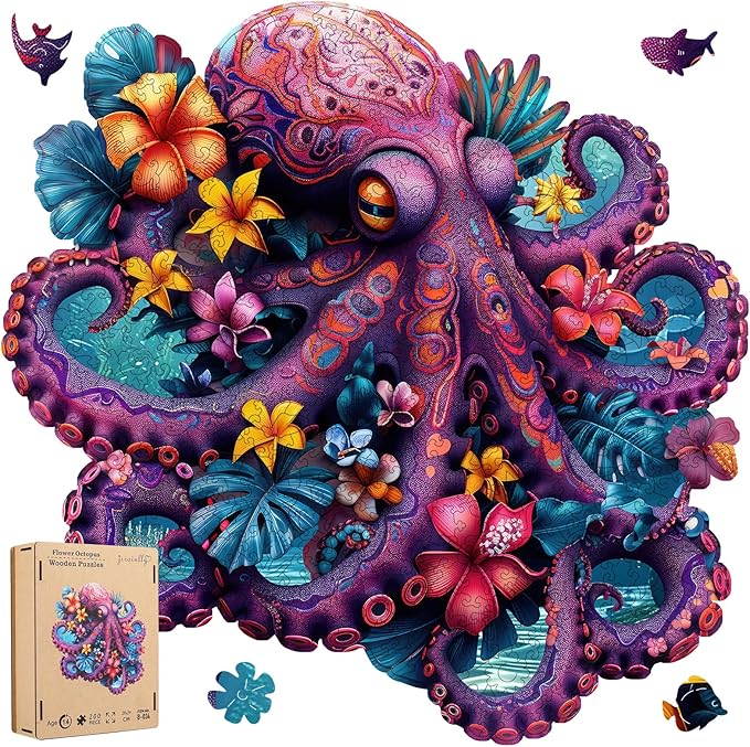 Octopus Wooden Puzzle for Adults, Ocean Jigsaw Puzzles 500 Piece, Unique Shapes Family Reunion Puzzle for Adults and Kids, Beautiful Package, Best Gift for Family Friends Royal 17.3x16.6in