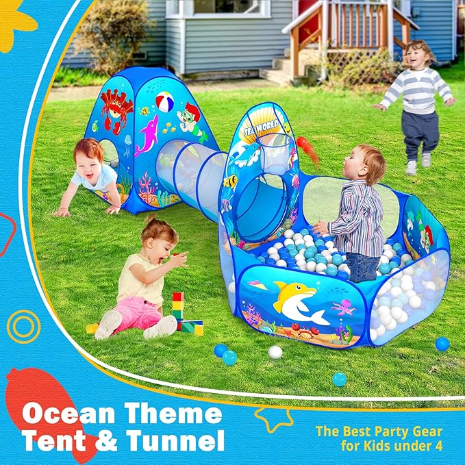 3PC Kids Ball Pits for Toddlers with Kids Play Tent, Kids Tunnel for Baby, Children Pop Up Indoor/Outdoor Playhouse Toy for Boys and Girls, Best Birthday Gifts for 3 4 5 Years Old