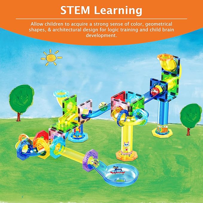 PicassoTiles 62 Piece Magnetic Marble Run Pete The Cat Marble Maze Marbles for Kids Race Track Toy Set Sensory Toys for Toddlers STEM Education Magnet Building Blocks Construction Tiles Boys Girls 3+