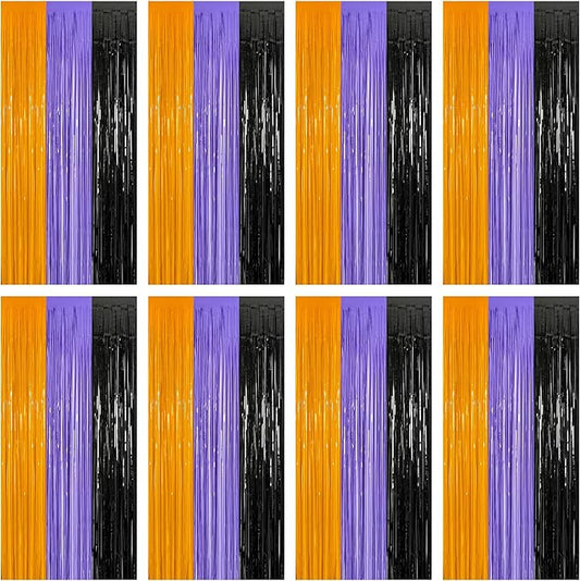 8 Pack Halloween Decorations Indoor, 3.28 FT x 7.05 FT Party Streamer, Orange Purple Black Streamer Backdrop Fringe Curtains Foil Tinsel, Halloween Party Supplies Hanging Halloween Decor