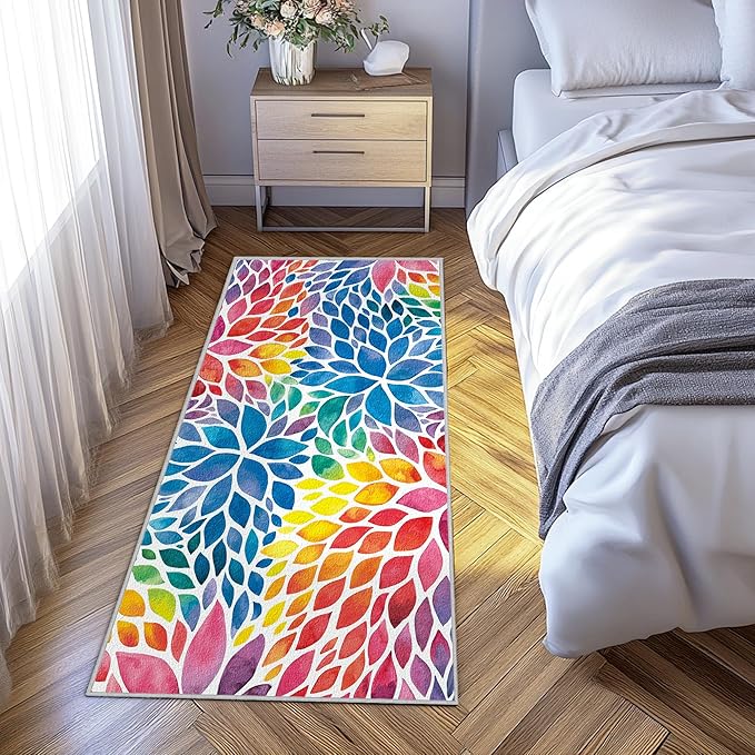 Abstract Colorful Hallway Runner Rugs, 2x6 Rug Modern Rainbow Dahlia Floral Rugs Multicolor Area Rugs, Non-Slip Machine Washable Floor Carpet for Kitchen Entryway Living Room Laundry Office