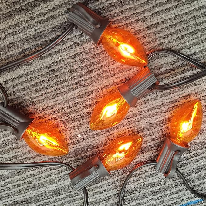 25Ft Orange Halloween Lights Outdoor, C7 Halloween Decorations Lights with 27 Orange Flicker Flame Bulbs, Vintage Christmas Flickering Light for Patio Garden Party Christmas Tree Decor-Black Wire