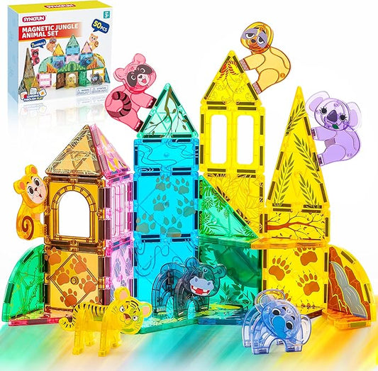 SYNCFUN Magnetic Building Tiles Jungle Animal Set for Kids, 50PCS Including 7 Cute Animals, Educational STEM Toy for Boys & Girls Ages 3-5 4-8, Christmas Birthday Party Gift for Toddlers