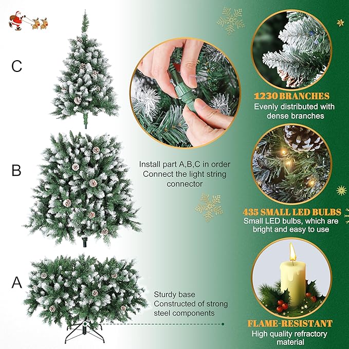 7.5FT Pre-Decorated Holiday Christmas Tree for Home, Office, Party Decoration, Partially Flocked Design, Pine Cones, Metal Hinges & Base - Green/White (Regular Warm, 7.5FT)