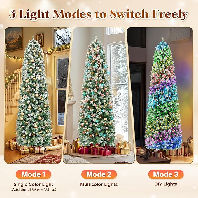 HOLLO STAR 7.5 ft Prelit Christmas Tree with 304 LED Lights, App Control, Slim Pencil Christmas Tree, Multi-Color RGBW Lights, 950 Flocked Frosted Tips, Xmas Tree, 72 Pine Cones, for Home, Party