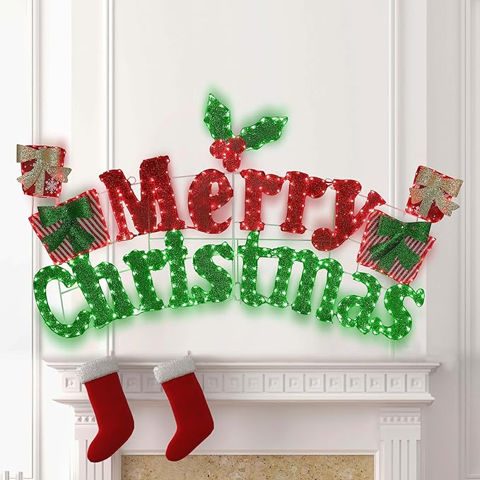 6FT Merry Christmas Sign for Decoration, 2-in-1 Pre-Lit Holiday Greeting Sign Decor with 456 LED Lights, Freestanding or Hanging Glittered Holiday Display for Outdoor, Indoor