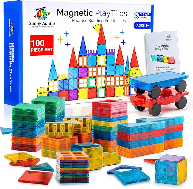 Magnetic Tiles 100 PCS with 2 Cars, Magnetic Tiles for Kids & Toddlers, Toy for 3 4 5 6 7 8 Year Old Boys & Girls, Gift Box
