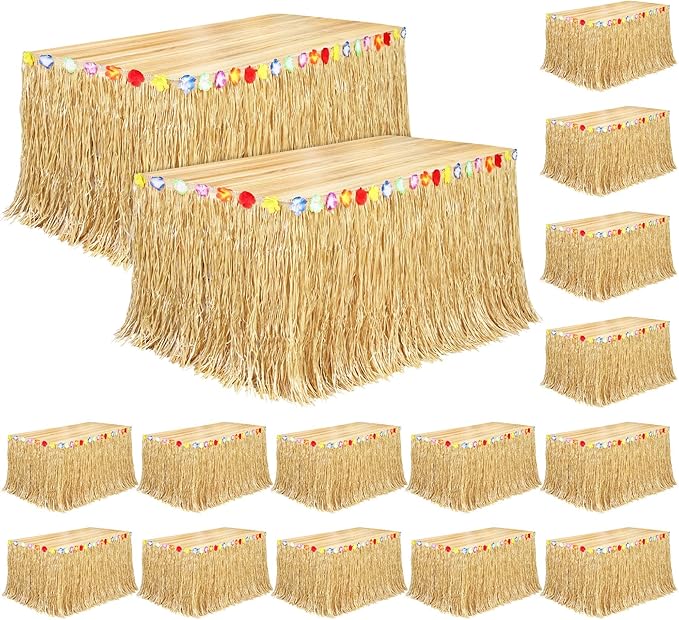 Fovths 16 Pack Luau Grass Table Skirt Natural 9 Feet x 29.5 Inch Hawaiian Table Skirt for Tropical Hawaiian Party Decorations Luau Party Costume Party, Straw Yellow