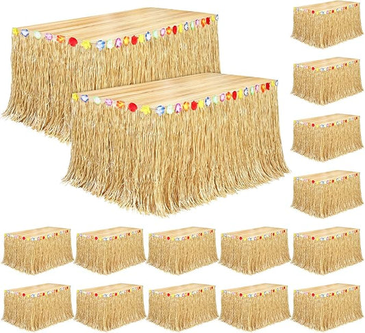 Fovths 16 Pack Luau Grass Table Skirt Natural 9 Feet x 29.5 Inch Hawaiian Table Skirt for Tropical Hawaiian Party Decorations Luau Party Costume Party, Straw Yellow