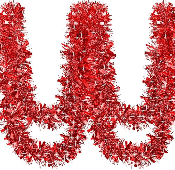 50Ft Christmas Tinsel Garland Red Xmas Tree Decorations Valentine Metallic Glitter Twist Garland for Christmas Decorations Party Anniversary Birthday Holiday Supplies Indoor Outdoor Supplies