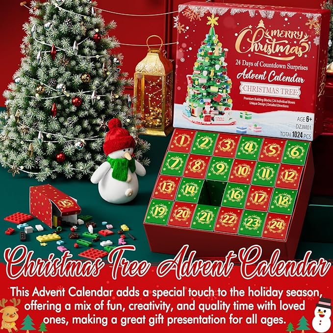 Advent Calendar 2025 for Kids Teens Adults, Christmas Tree Building Blocks Xmas Countdown Advent Gift Box with Snowmen Stars Santa Bricks Toys Christmas Holiday Gifts for Boys Girls Women Men Age 6+