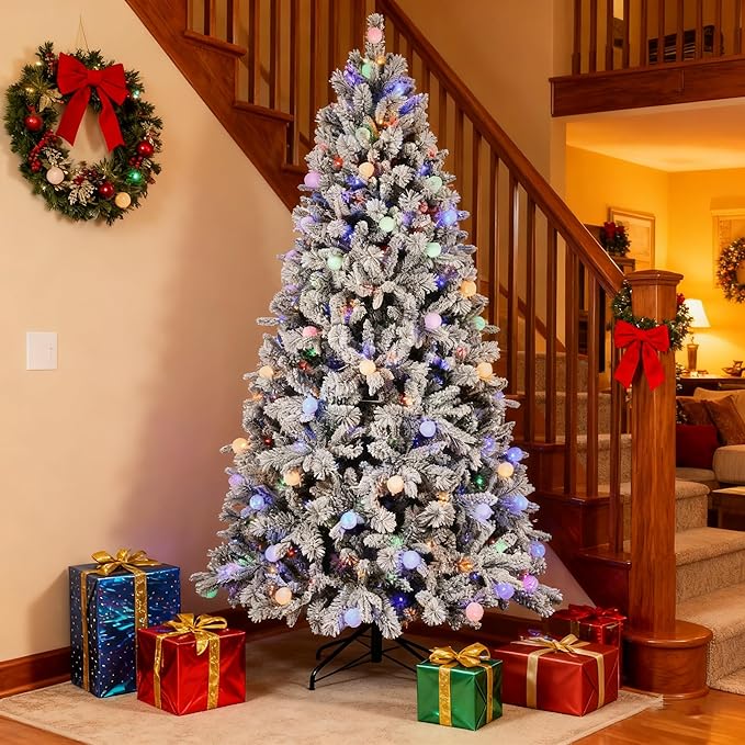 7.5 ft Prelit Flocked Christmas Tree with 400 Multi-Color Changing RGB LED Lights, Twinkle Artificial Christmas Tree with 1523 Tips
