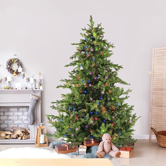 Fraser Hill Farm 7.5-ft. Woodside Pine Christmas Tree with Dual Multicolor & Warm White LED Lights, Fake Tree with Remote Control, Easy Set Up and Easy to Connect