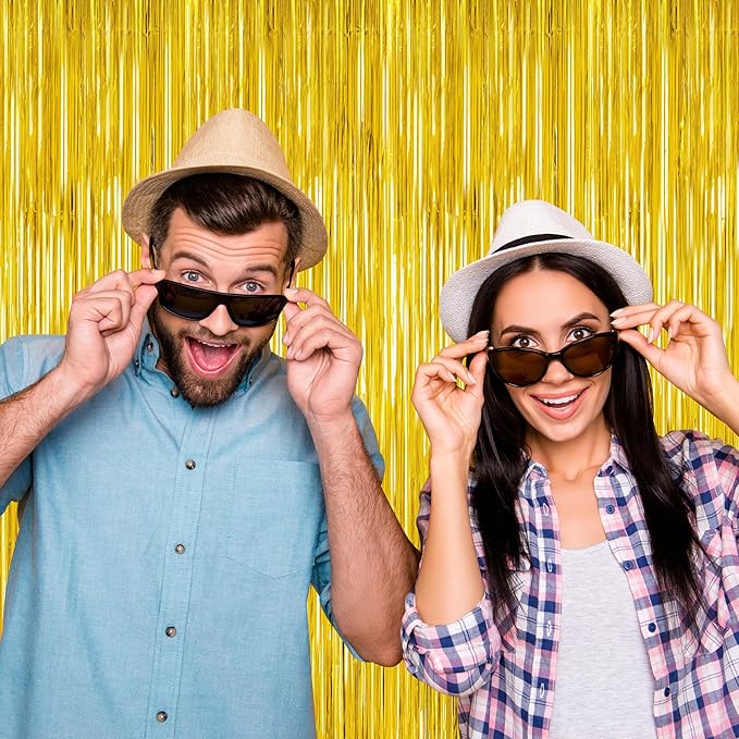 2 Pack Gold Tinsel Backdrop, 3.28 FT x 7.05 FT Metallic Fringe Curtain, Gold Color Graduation Backdrop Party Streamers, Party Supplies Door Decorations for Birthday Anniversaries