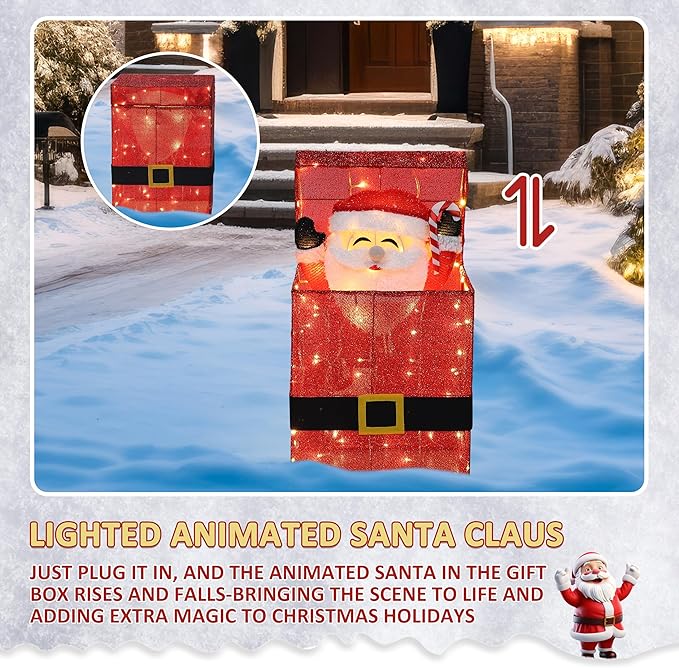 Light Up Electric Santa Claus Decor with 100 LED Lights, 3D Pre-Lit Animated Santa Claus for Xmas Decoration, 14" L x 10" W x 27" H Freestanding Glittered Display for Outdoor, Indoor