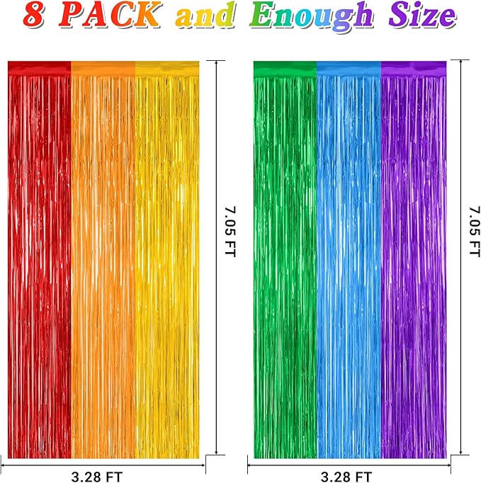 8 Pack Rainbow Backdrop, 3.28 FT x 7.05 FT Backdrop Curtains, Metallic Fringe Curtains Tinsel Bakdrop Party Streamer, Wedding Decor Rainbow Party Decorations Pride Photo Booth Props