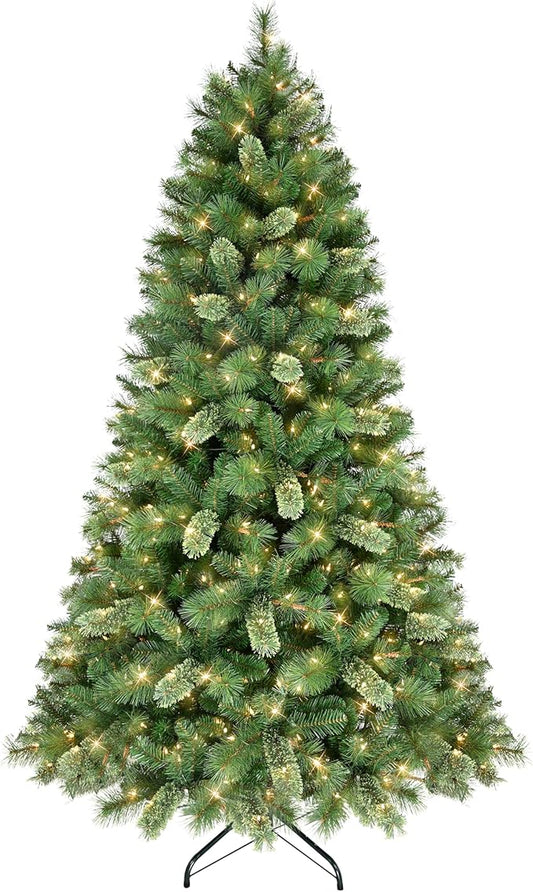 Puleo International 7.5ft Pre-Lit Teton Pine Christmas Tree with 600 Clear Lights, 1347 Realistic Dense Branch Tips, Easy Setup Artificial Trees with Sturdy Metal Stand