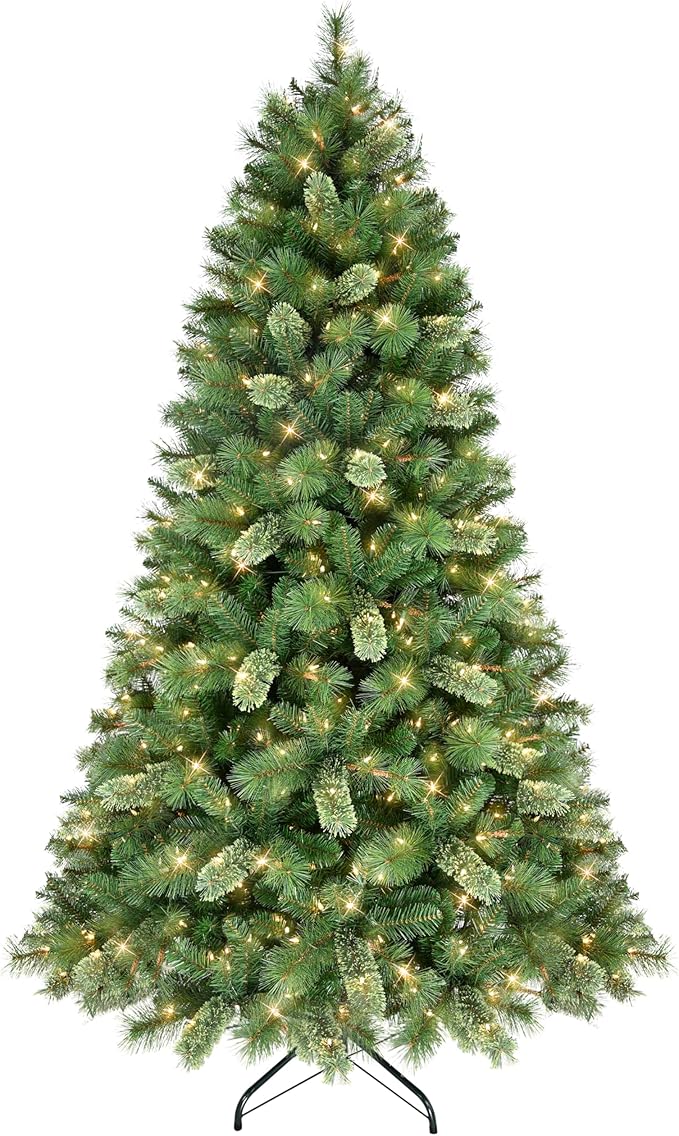 Puleo International 6.5ft Pre-Lit Teton Pine Christmas Tree with 400 Clear Lights, 1023 Realistic Dense Branch Tips, Easy Setup Artificial Trees with Sturdy Metal Stand