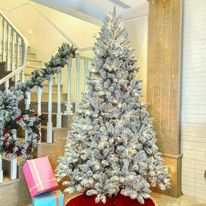 Flocked Pre-lit Christmas Tree 7.5ft, Premium Christmas Tree with Lights - White Flocked Prelit Trees- Artificial Xmas Trees