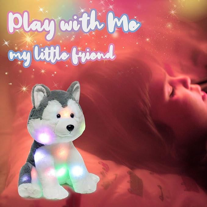Hopearl LED Plush Husky Light up Stuffed Animal Dog Floppy Puppy Night Lights Glow in The Dark Birthday Festival for Kids Toddler Girls, Gray, 12''