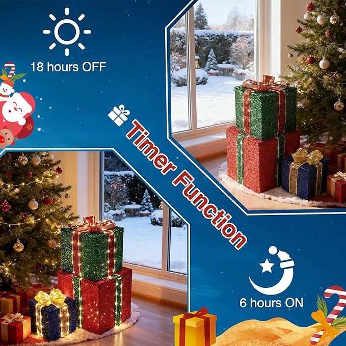 Set of 3 Christmas Lighted Gift Boxes - Pre lit Presents Christmas Boxes with Different Sizes for Holiday Indoor Outdoor Decoration (Warm White, Small)