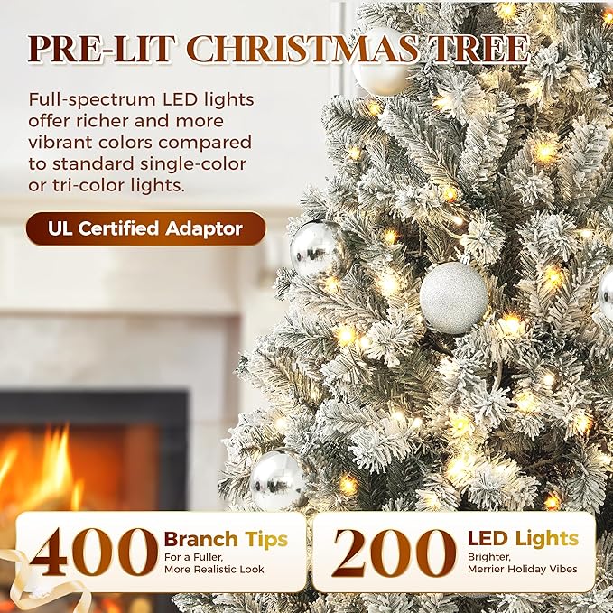 HOLLO STAR 4.5 ft Flocked Prelit Christmas Tree with 200 LED Lights, App Control, Artificial Christmas Tree, Multi-Color RGBW Lights, 400 Branch Tips, Snow Xmas Tree, for Home, Party