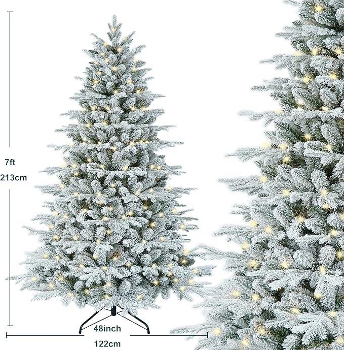 7 Feet Pre-lit Flocked PE Christmas Tree with 1575 Branch Tips, 350 Dual-Color Multi-Functional LED Lights