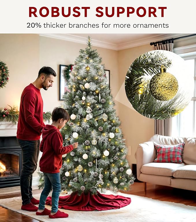 DWVO Prelit Christmas Tree 7.5ft with 77 Pine Cones & White Pine Needle, Atificial Tree with 750 LED Lights, Full Green Xmaxs Trees with 1399 Metal Hinged Branch Tips & Stand Remote Controlled