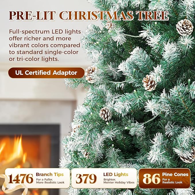 HOLLO STAR 7.5 ft Prelit Christmas Tree with 379 LED Lights, App Control, Artificial Christmas Tree, Multi-Color RGBW Lights, 1476 Flocked Frosted Tips, 86 Pine Cones, Metal Base, for Home, Party
