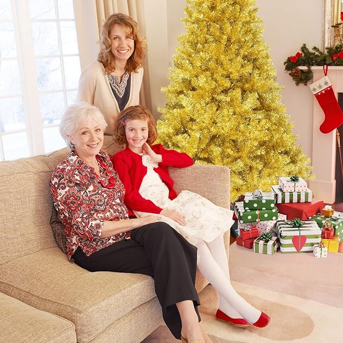 GOFLAME 7.5 FT Christmas Tree, 1036 Branch Tips, Artificial Tinsel Christmas Tree with Metal Stand, Artificial Hinged Christmas Tree for Indoor and Outdoor Holiday Decoration, Champagne Gold